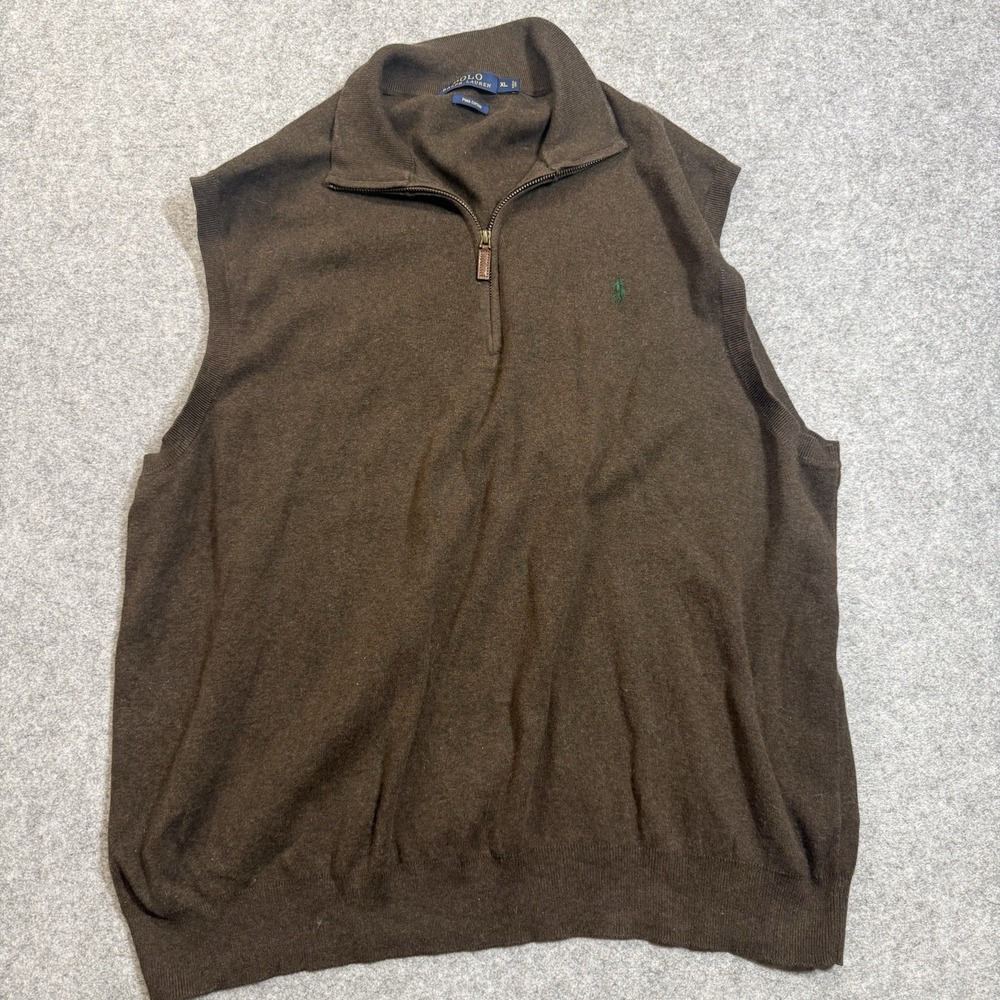 Polo Ralph Lauren Sweater Vest Mens XL Brown Pima Cotton 1/4 Zip Green Pony